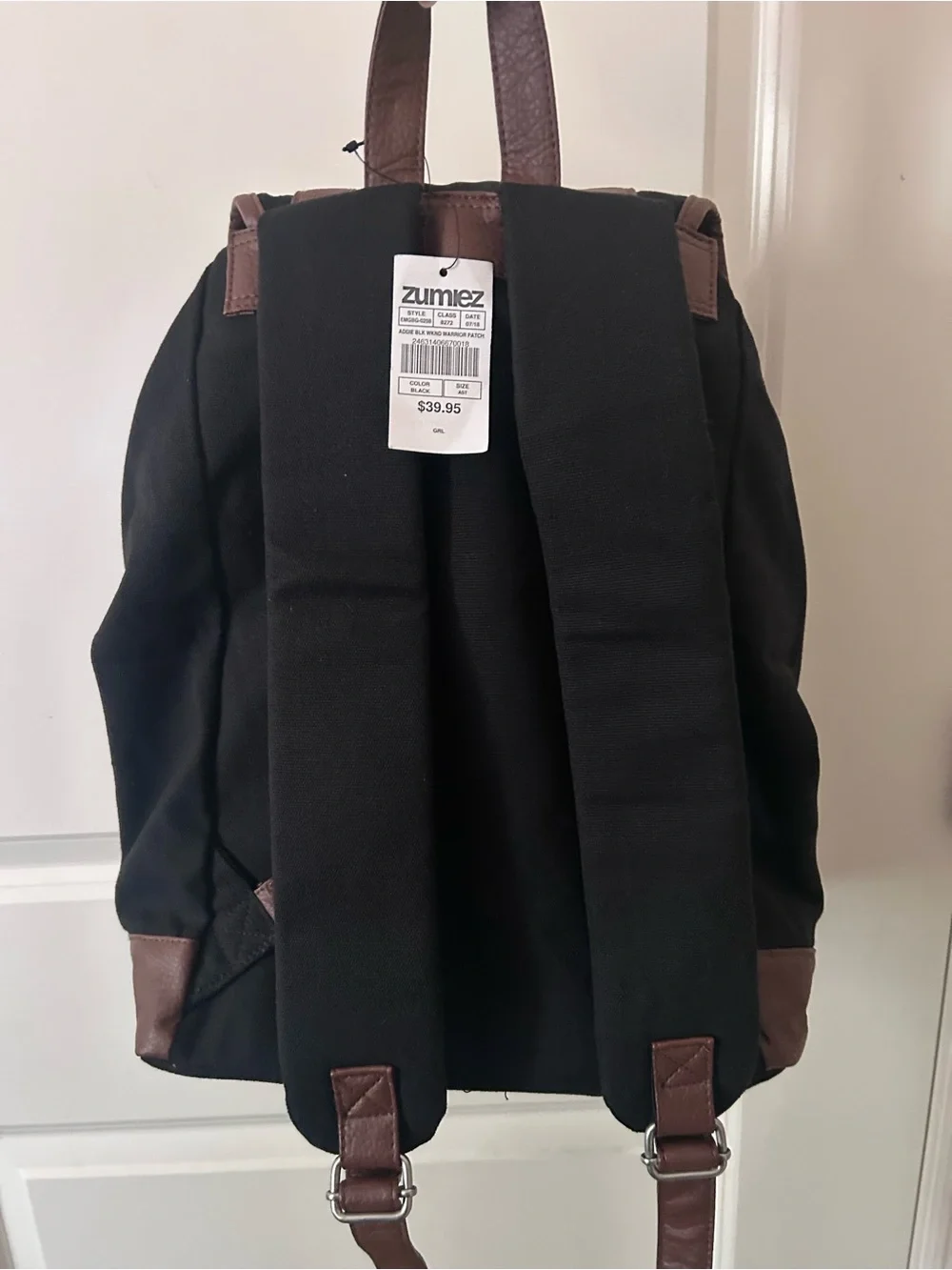 Unisex Empyre Black Canvas Backpack, Brown Faux Leather Buckle Straps, NWT